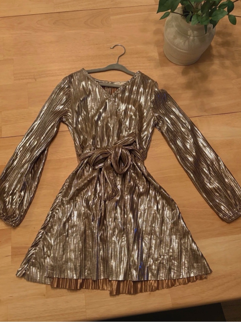 Copper Key Girls Metallic Gold Long-Sleeve Party Dress with Tie Waist